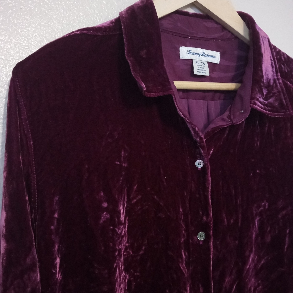 Tommy Bahama Crushed Velvet Silk Blend Purple Button Up Long Sleeve Blouse - Picture 4 of 13